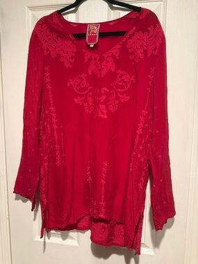 Johnny Was Crimson Red Embroidered Tunic Top